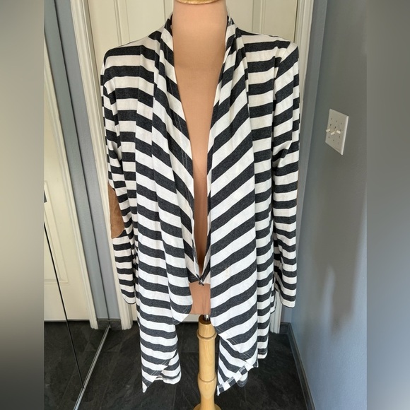 Blue & White Striped Draped Cardigan With Elbow Patches - Picture 1 of 6